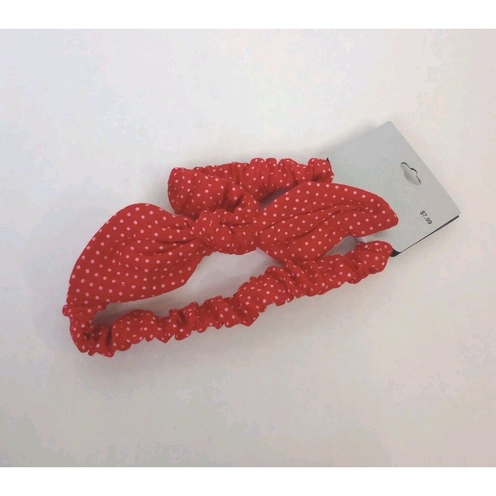 NWT Red Polka Dot Chiffon Fabric Bow Elastic Headband 50s Style Hair One Size